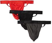 2(X)IST Men's Essential Cotton Y-back Thong 3-pack Underwear, Black/Charcoal Heather/Poppy Red, M UK