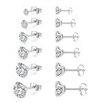 6 Pairs Stud Earrings Set,Hypoallergenic Cubic Zirconia 316L Stainless Steel CZ 3-8mm Earrings for Men,Women,Boys & Girls (Silver)