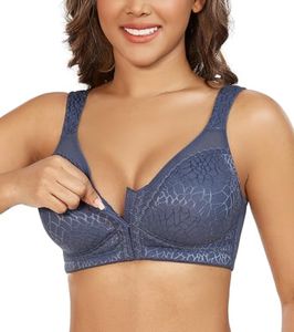 DotVol Women's Full Figure Front Closure Wirefree Jacquard Back Support Posture Bra(Grey Blue,42C)