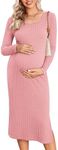 Ekouaer Lady Maternity Long Sleeve Dress Knit Ribbed Side Slit Bodycon Dresses for Baby Shower Pink M