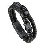 Bandmax Men's Black Double Strand Genuine Leather Braided Bracelets Wristlet with Black Beads Cool Rope Cord Wristband Bangle for Men Gift for Father Husband -7.48 Inches