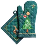 Maison d' Hermine Oven Mitt (7.5"x13") & Pot Holder (8"x8") 100% Cotton Kitchen Oven Mitt + Pot Holder Heat Resistant, Banquet, Barbeque, Hygge Christmas -Thanksgiving/Christmas