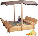 AIUEKES Kids Wooden Sandbox with Adjustable Canopy, Sand Box with Foldable Bench Seats for Aged 3-8 Years Old, Outdoor Sand Pit for Backyard Garden.