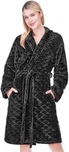 PAVILIA Black Womens Robes Lightweight, Knee Length Plush Fluffy Shower Bathrobe for College Dorm Ladies, Soft Fuzzy Cozy with Pockets, L/XL