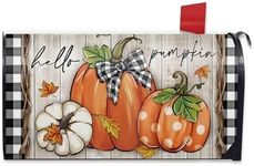 FBCOO Fall Hello Pumpkin Welcome Mailbox Cover Magnetic Standard Size 21"x19", Autumn Thanksgiving Decorative Post Letter Box Wrap Decor, Buffalo Plaid Farmhouse Rustic Garden Yard Outdoor Decoration