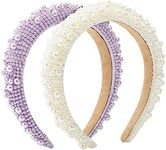 Glamlily 2 Pack Crystal Headbands for Women, Padded Pearl Headband (Lavender, White)