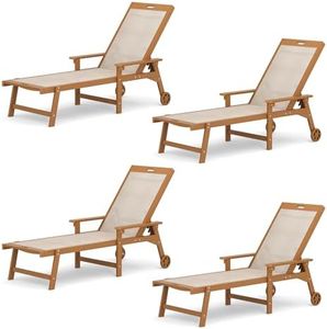 LUE BONA Chaise Lounge Chair Outdoor Set of 4, HDPS and HDPE Wicker Chaise Lounger with 5 Positions, Pool Lounge Chairs with Wheels and Adjustable Backrest for Patio, Poolside, Deck, Backyard
