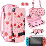 TIKOdirect Carrying Case for Nintendo Switch, Cute Strawberry Accessories of Pink Interior with Soft Protective Case, a Dock Shell, Screen Protectors, Thumb Grip caps, Adjustable Strap