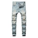 LONGBIDA Men's Ripped Slim Fit Skinny Destroyed Distressed Tapered Leg Jeans, Blue - Yellow, 28