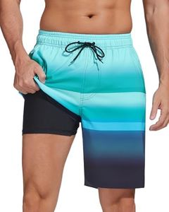 difficort Mens Swim Trunks Quick Dry Bathing Suit 9 inch Inseam Board Shorts with Compression Liner and Zipper Pocket,Blue Black Stripes,Large