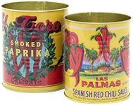 Carousel Home Set of 2 Decorative Replica Food Tin Cans | 2 Piece Mediterranean Retro Metal Storage Tin Set | Vintage Style Metal Food Display Cans