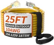 25ft 10/3 Gauge Outdoor Extension Cord Waterproof with Lighted Indicator,10 Gauge SJTW Heavy Duty 15Amp 1875W,3 Prong Cords Flexible Copper Yellow ETL Listed