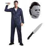 Blue Jumpsuit with Mask Knife,Jumpsuit Halloween Costume Coveralls