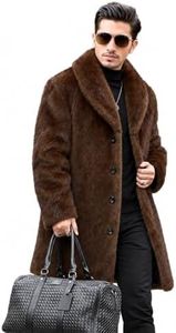 INVACHI Men's Faux Fur Coat Winter Long Faux Mink Coat Fluffy Thick Trench Coat for Men (US, Alpha, 3X-Large, Regular, Regular, Brown-shawl collar)