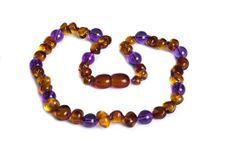 Baby J's - Cognac and Amethyst Amber Necklace - 100% Baltic Amber & Semi-Precious Stones - Knotted to Prevent Scattering - With Gift Pouch and Certificate of Authenticity - 32cm