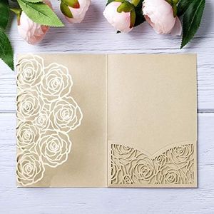 Rodvanvo 20 Pcs Laser Cut Wedding Invitations Card Pocket with Envelope for Birthday Party Baby or Bride Shower Invite suitable for 5 * 7 Inches Insert Paper (Champagne)