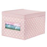 mDesign Soft Stackable Fabric Closet Storage Organizer Holder Box - Clear Window, Attached Hinged Lid, for Child/Kids Room, Nursery, Playroom - Polka Dot Print - Large - Pink with White Dots