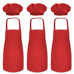 Novelty Place Kid's Apron with Chef Hat Set (3 Set) - Children’s Bib with Pocket Skin-friendly Fabrics - Cooking, Baking, Painting, Training Wear - Kid's Size (6-12 Year, Red)