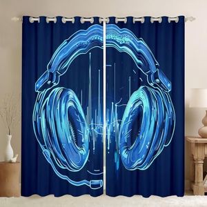 Feelyou Boys Game Headset Curtain for Kids Girls Teens Bedroom Decor Rock Music Themed Window Curtains Chic Blue Gaming Headphone Window Drapes Musical Pattern Curtains (2 Panels, 42 x 84 Inch)