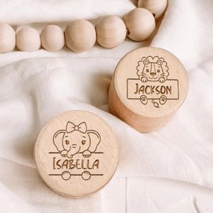 personalized name baby memory box, wooden tooth fairy souvenir with animal illustrations of the first tooth, commemorate the customized child memory case, baby fetal hair /umbilical cord memorial box