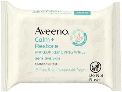 Aveeno Calm + Restore Nourishing Makeup Remover Face Wipes, Fragrance Free Facial Cleansing Towelettes with Oat Extract & Calming Feverfew, Alcohol Free, 100% Plant-Based Cloth, 25 ct