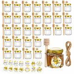 Eidoct Mini Glass Honey Jars, 1.5 oz Hexagon Honey Jars with Wooden Dipper, Gold Lids, Gold Bee Pendants, Jutes, Bee Stickers, 30 Pack Honey Jars Perfect for Baby Shower, Wedding(30)