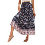 Women Casual Boho Long Skirt Vintage Floral Print Bohemian Style Half Dress Elastic Waist Flowy Swing Midi Skirt Summer Spring (Navy, XL)