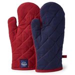 Encasa Heat Resistant Cotton Oven Gloves Mitts (2 Pc Set) - Quilted & Safe 18x30 cm - for Kitchen, Cooking & Baking, Grilling, Handling Hot Pots & Pans - Red+Scotch Blue