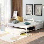 Extendable Daybed with Trundle Beds for Kids Teens Adults, Wooden Daybed with a Pull Out Trundle, Twin to King Design Extending Bed, No Box Spring Required (White)