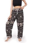 Banjamath? Women's Smocked Waist Harem Hippie Boho Yoga Palazzo Casual Pants (M, Black with drawstring waist)