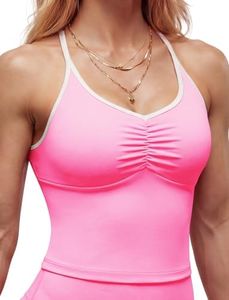 SEASUM Women's Longline Halter Workout Tank Top, Color Block Strappy Sports Vest with Ruched Bust & Removable Pads Pink XL