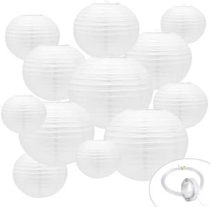 12pack White Paper Lantern,4 6 8 10 12inch Hanging Decor with Hooks and String,Round Paper Lantern for Birthday Party, Wedding Decorations