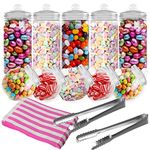 HEFTMAN 10 Retro Plastic Sweet Jars Set - Empty Sweet Jars With Lids, Vintage Victorian Style Sweetie Jars, Pick & Mix Candy Buffet Kit for Parties With 2 Tongs & 50 Pink Candy Stripe Sweet Paper Bags