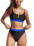 CUPSHE Women's Bikini Sets Two Piece Swimsuit High Waisted Scoop Neck Tank Top Color Block Swimwear, Black/ Color Block, Large