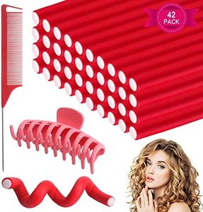 Bigxin 40pcs Rulos Pelo Rulos Flexibles para Rizar Pelo Rizador Pelo sin Calor Bigudies Pelo con 1 Peine y 1 Garra de Pelo Grande (24cm*1.2cm,rojo)