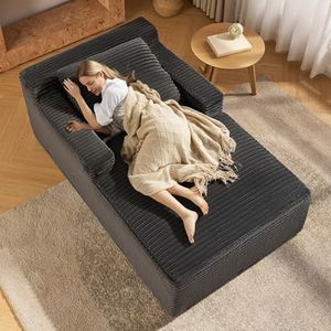 VanAcc 65" Chaise Lounge Sofa, Luxury Corduroy Sleeper Chaise with Armrests and Throw Pillows, No-Assembly Couch for Living Room or Apartment, Gray