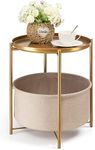 danpinera Round Side Table with Fabric Storage Basket, Metal Side Table Small Bedside Table Nightstand with Removable Tray Top for Living Room, Bedroom, Nursery, Laundry, Gold