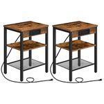 HOOBRO End Table Set of 2 with Charging Station and USB Ports, 3-Tier Nightstands with Adjustable Shelf, Narrow Side Table for Small Space in Living Room, Bedroom and Balcony, Rustic Brown BF112BZP201