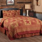 VHC Brands Primitive Bedding Ninepatch Cotton Pre-Washed Patchwork Star Sham Queen Quilt Set, Burgundy Red