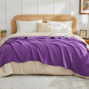 EMME Cotton Muslin King Blanket Big Oversized Bed Layering Bedspread Coverlet Breathable Gauze Soft Lightweight Blankets (Purple, 120"x94")