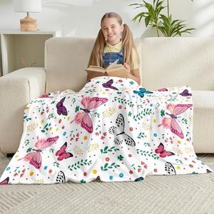 Jameswish Butterfly Kids Throw Blanket for Girls Teens White Soft Fuzzy Flannel Bed Blanket for Women Adults Plush Colorful Flowers Blanket,60”x80”