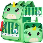 3PCS Dinosaur Backpack for Boys, 15" Kids Bookbag with Lunch Box, Preschool School bag for Elementary Toddler Students - Green Dinosaur