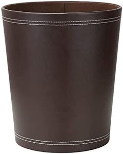 KINGFOM Classic Pu Leather Trash Can Wastebasket, Small Garbage Container Bin with Handles for Bathrooms, Powder Rooms, Kitchens, Home, Office and and High Class Hotel Round Brown