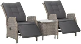 Gardeon Recliner Chairs 3 Piece Wicker Sun Lounger Reclining, Outdoor Lounge Setting Patio Furniture Bistro Set Garden, with Coffee Table Cushions Ottoman Adjustable Backrest and Footrest Grey