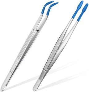 2 Pieces Tweezers with Rubber Tips Set PVC Rubber Coated Tips Bent and Straight Flat Tip Tweezers Stamp Coins Jewelry Hobby Crafts Industrial Electronic Tweezers Tools (Silver, Blue)