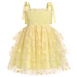 FYMNSI Flower Girl Dress Kids Summer Spaghetti Strap Tie Shoulder Smocked A-line Tiered Tutu Tulle Princess Dress Birthday Party Wedding Guest Special Occasion Formal Pageant Dresses Yellow Daisy 5-6Y