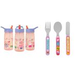 Peppa Pig Nostalgia Water Bottle with Flip up Straw, 400ml, Pink & 3 Piece Cutlery Set – Metal, Reusable Children's Knife, Fork & Spoon, Kids-Size