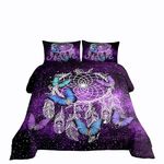 Butterfly Dream Catcher Comforter Set for Kids Teens Girls, Mandala Feather Bedding Down Comforter Twin Size, Bohemian Duvet Insert, Galaxy Theme Luxury Microfiber Quilt for Girly Woman, Purple