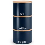 EHC Tea, Coffee, Sugar, Canister Set, Set of 3 Stackable Airtight Food Storage Easy to Open Storage Canisters Jars Tin, Navy Blue