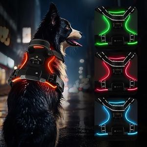 Harnais Chien Lumineux, LED Harnais Chien Anti Traction Réglable pour Petit Moyen Grand Chien, Réfléchissant éclairage Harnais avec 2 Anneaux et Poignée Contrôle, Facile à Mettre(Noir-Rouge,L)